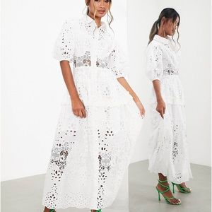 ASOS EDITION eyelet midi shirt dress with puff sleeve in white